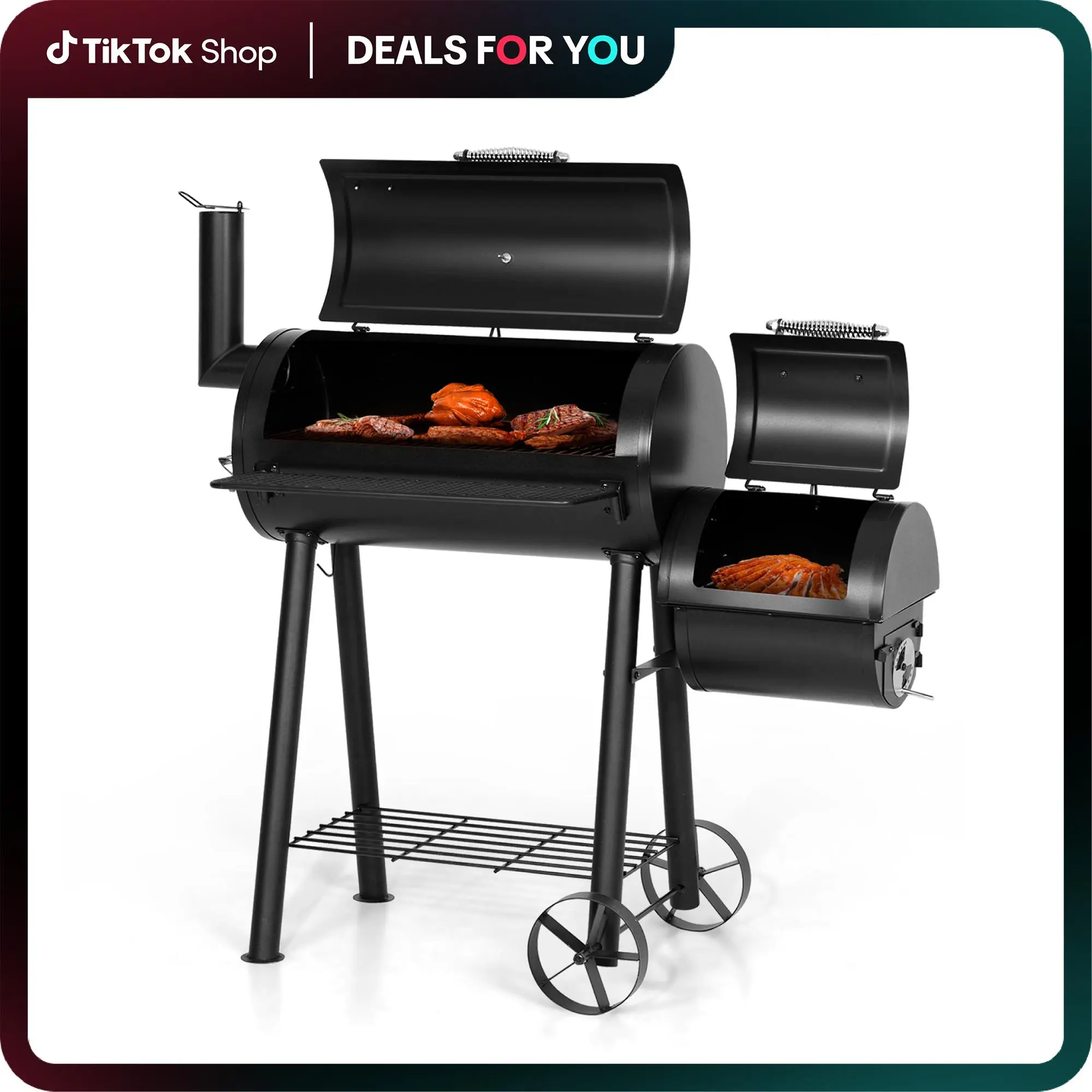 Captiva Designs Heavy Duty Outdoor Smoker, BBQ Charcoal Grill with Offset Smoker, 512 Sq.In. Cooking Area, 49.9x24.9x48.1 Inches, Smokeless Design Portable Modern