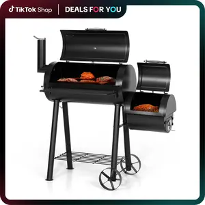 【Phivilla】Heavy Duty Outdoor Smoker, BBQ Charcoal Grill with Offset Smoker, 512 Sq.In. Cooking Area, 49.9x24.9x48.1 Inches, Smokeless Design Portable Modern