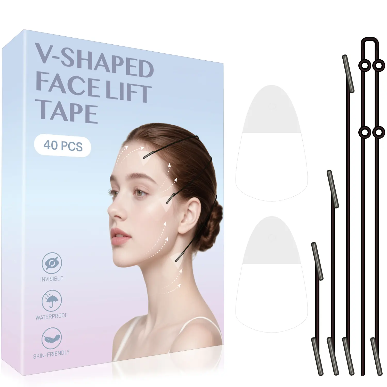 Silicone Face Lifting Tape - 40 Tapes, 4 Straps, Normal Silicone Ring, Double Chin Reducer, Invisible, Adjustable, Reusable, Waterproof, 6-Hour Instant Firming/Lifting Effect, Ideal for Photos & Events