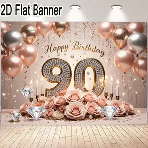 2D flat banner, 1pc90th Birthday Banner - Elegant Party Decorations with Sparkling Golden '90' Numbers, Happy Birthday Script, Pink and Silver Balloons, and Romantic Rose Bouquet for Memorable Celebration Events