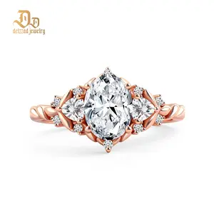 Delzzad 1.7ct Natural Oval Ring Twist Band Brilliant Rose Golden Engagement Wedding Ring Band D Color VVS Synthetic Moissanite Ring Jewelry S925 Perfect Birthday Engagement Wedding Anniversary Christmas Gift