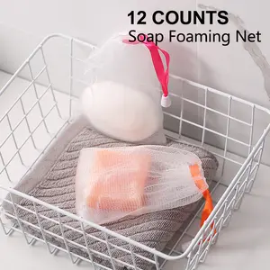 [Holiday Haul] 12 Counts Foaming Mesh Bags, Large Foaming, Exfoliating Face Cleansing Net for Luxurious Bath & Shower Experience, Includes White Drawstring Pouch for Easy Storage