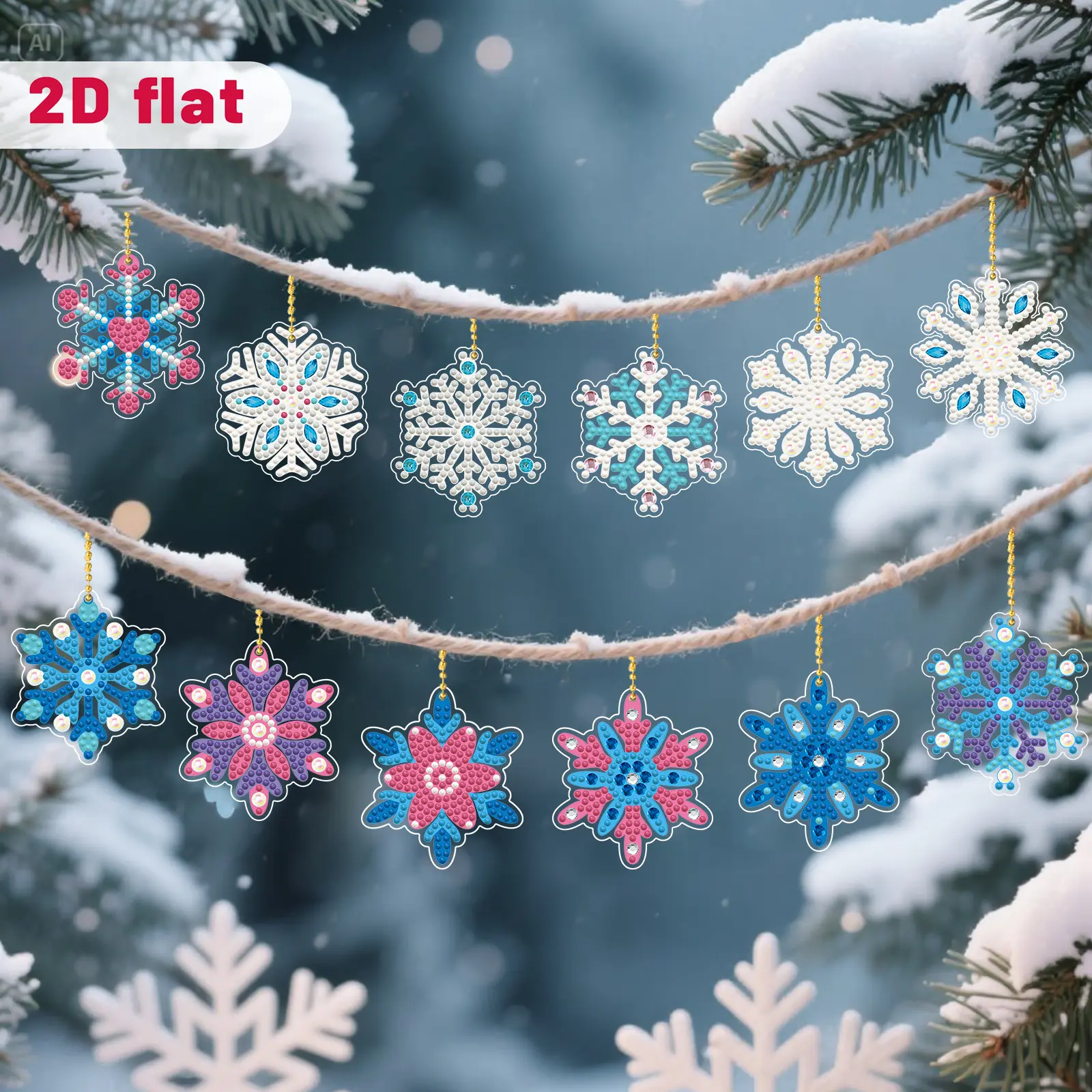 12 Pcs  Full Drill Diamond Painting Christmas Decor Ornaments, Festive DIY Acrylic Christmas Tree Hanging Pendants with Gold Chain, Winter Holiday Snowflake Window Suncatchers (Multi-Color)