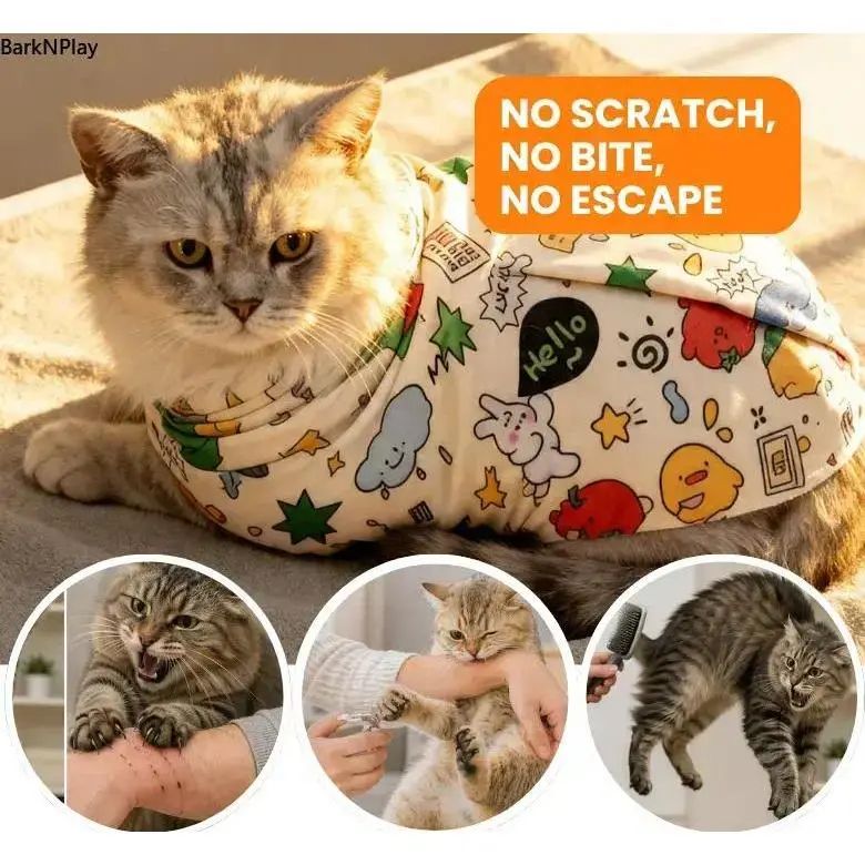 Cat Grooming Wrap for Nail Clipping, Calming Cat Burrito Restraint Blanket with Self-Adhesive Anti-Escape Design, Adjustable Cat Swaddle Wrap for Medicine, Teeth Brushing, Ear Cleaning and Grooming, Medium Large XL
