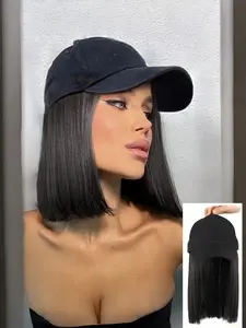 14 Inch Baseball Cap Wig, Short Straight Synthetic Hair, High-Temperature Fiber, Stylish & Versatile for Women, All Seasons