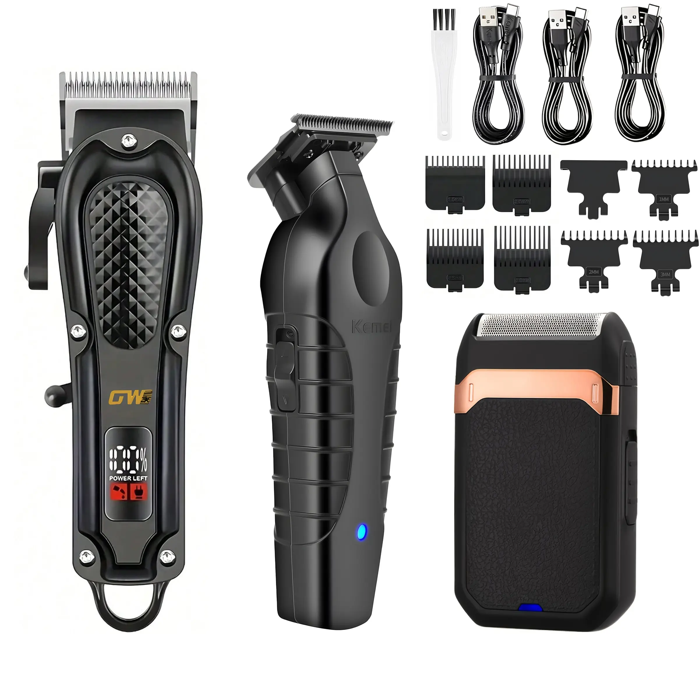 Professional Barber Tools, Kemei Three-Piece Hair Clipper Set, High-Quality Cutting & Trimming Kit, Haircut Set, Cordless Hair Clippers, Ideal for Salon Use