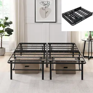 Queen Size Folding Bed Frame, Metal Queen Platform Bed Frame with Heavy-Duty Steel Slat, No Box-Spring Needed, 14" Under-Bed Storage, Easy Assembly, Noise-Free(Black)
