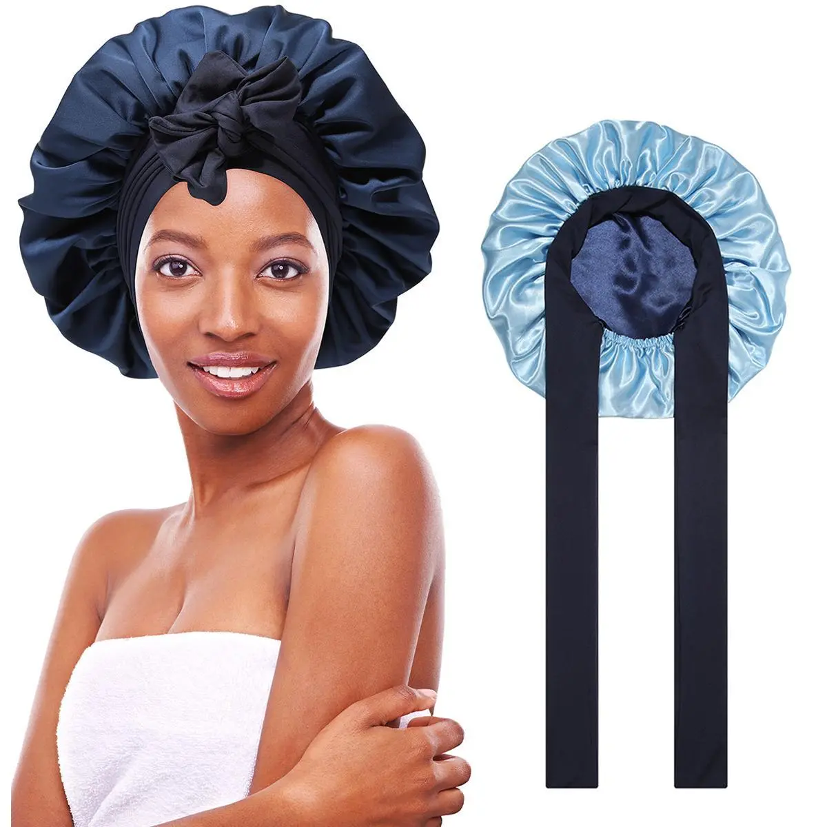 AWAYTR Women's Navy Blue Adjustable Double Layer Satin Bonnet - Elastic Haircare Hat with Tie Band for Adults, Anti-Hair Loss Casual Shower, Sleeping Use