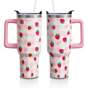 Strawberry Gifts 40 Oz Tumbler with Handle and Lid Straw, Pastel Plaid Stainless Steel Double Walled Vacuum Insulated Cup Mug, Cute Fruit Lover Birthday Gifts for Women Girls (1 PC)