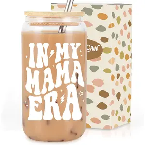 My Mama Era Coffee Glass Cups, First Mothers Day Gifts for New Mom, Best Mom, Cute Mother Mama Gifts, Birthday Presents for New Mother after Birth, 16oz Cup Mommy Glass Tumbler w/Straw Lid Bottles Drinkware