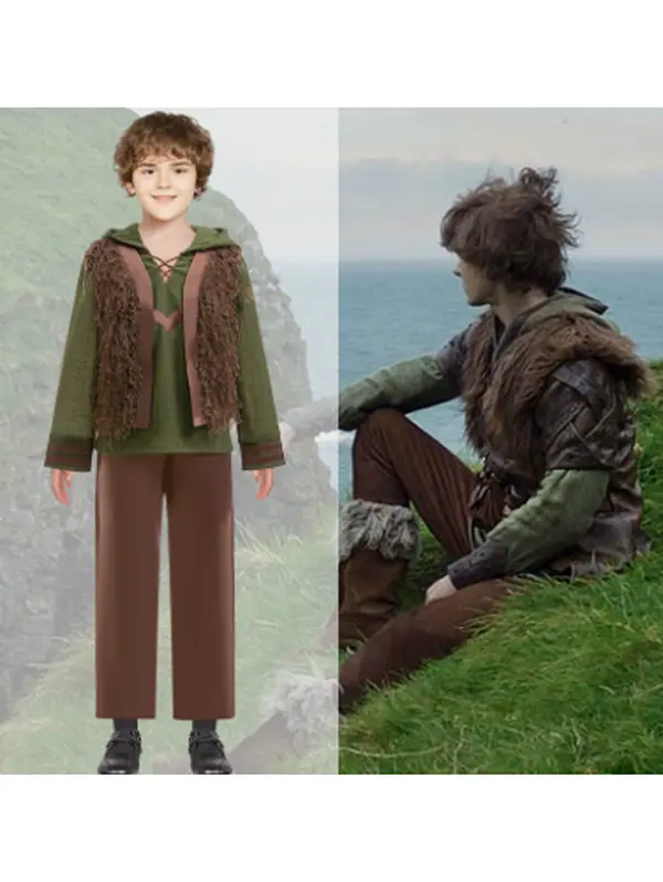 Boys Medieval Hunter Cosplay 3‑Piece Outfit, Hooded Long Sleeve Top With Fuzzy Fringe Vest & Pants, Kids Costume Set for Halloween Theme Party
