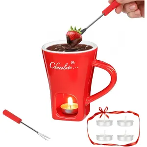Mini Red Ceramic Fondue Pot Cup Set with 2 Forks & 4 Tealights, for Chocolate Melting Cheese Marshmallows, Perfect for Date Night Party Wedding Holiday Gift