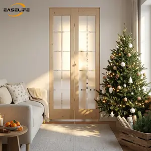 Easelife French Cross Bi-Fold Glass Door – Natural Wood, Interior Mount, Frosted Panels, Hardware Kit Included