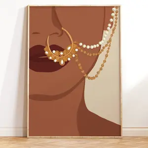 Desi Art, Indian Wall Art, South Asian Woman Art, Asian Painting, South Indian Art, Brown Girl, Nath, Nose Ring Art, Desi, Tamil Girl Print Unframed 1