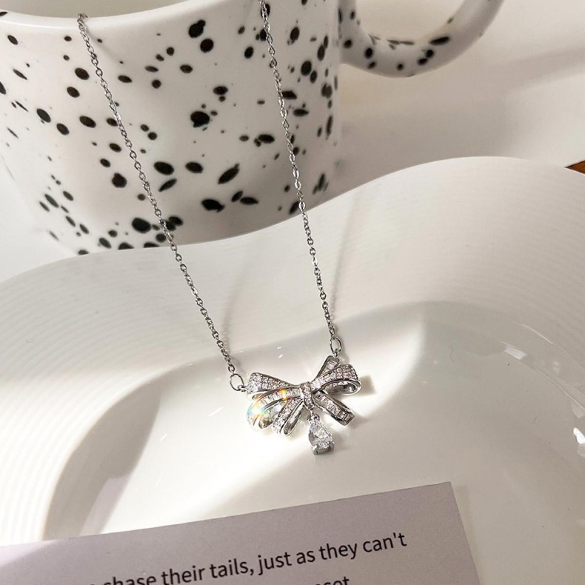Cute Bow Shape Sparkle Drop Necklace, Smooth Delicate Link Chain, Elegant Feminine Statement Jewelry, Stackable Everyday Accessory, Thoughtful Gift for Fashion Lovers