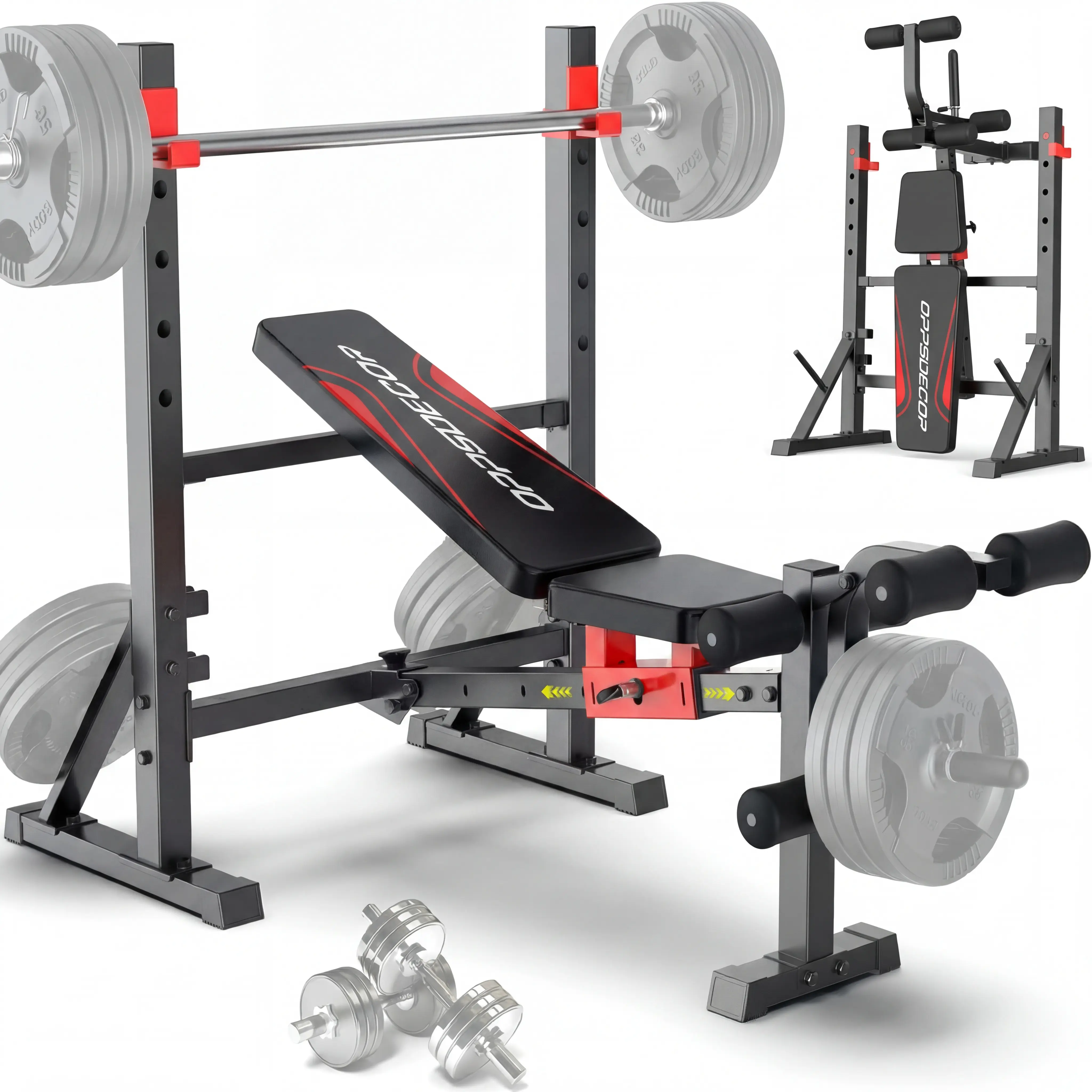 【Live Only】OppsDecor Home Gym Adjustable Weight Bench Set - Fast Folding Strength Training Benches Workout Station with Squat Rack, Leg Extension, Leg Curl, Adjustable Back/Seat/Barbell Rack, Flat Incline Decline Positions for Press Training,summervibes