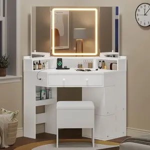 SIKAIC Corner Makeup Vanity with Tri-Fold Mirror and Cushioned Stool, White LED Vanity Desk with Storage Drawers, Modern Dressing Table Set