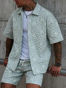 Two-Piece Set Men's Short Sleeve Shirt & Shorts Set, Regular Fit Casual Button Collared Top & Shorts, Men's Summer Outfits Set for Vacation Holiday Beach