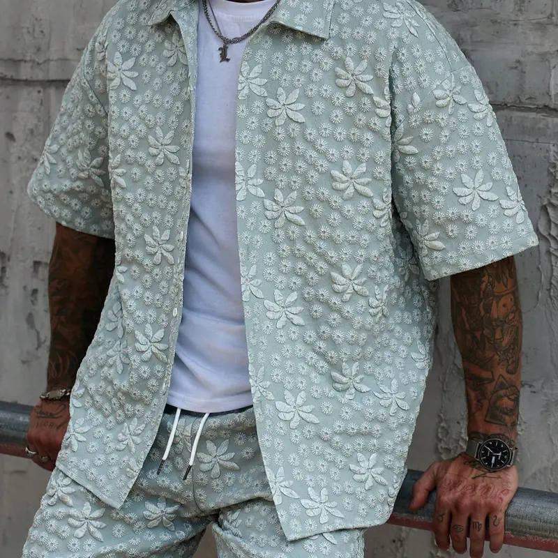 Men's 2-Piece Summer Outfit, Short Sleeve Button Collared Shirt & Regular Fit Shorts, Casual Tropical Vacation Beach Wear