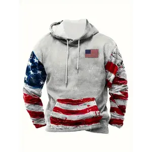 Stretchy 3D Print American Flag Hoodie - Vintage Casual Pullover Sweatshirt for Men & Women, Machine Washable Polyester Blend