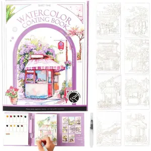 Creative Stress Relief Kit, Mini Watercolor Painting Book for Adults, DIY 3-Fold Watercolor Workbook with 12-Color Paint, Art Therapy Travel Set for Relaxation & Mindfulness (A)