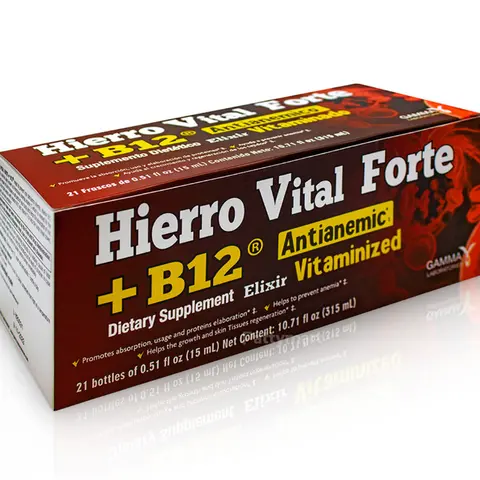 Gamma Hierro Vital Forte+B12 Lactose-Free Dairy-Free Liquid Dietary Supplement Multi-Pack - 21 x 0.51oz Bottles, 18 Months Shelf Life, Iron Boost, Folate, Vitamin C, Water-Soluble Natural Ingredients Blend, Energy & Immune Support for Adults