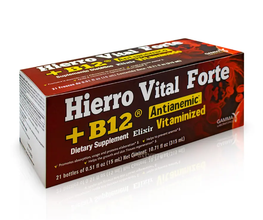 Gamma Hierro Vital Forte+B12 Lactose-Free Dairy-Free Edible Dietary Liquid Supplement - 21x0.51oz, Iron Boost, Folate & Water-Soluble Blend, Energy-Boosting for Adults' Health & Fitness, Immunity Support