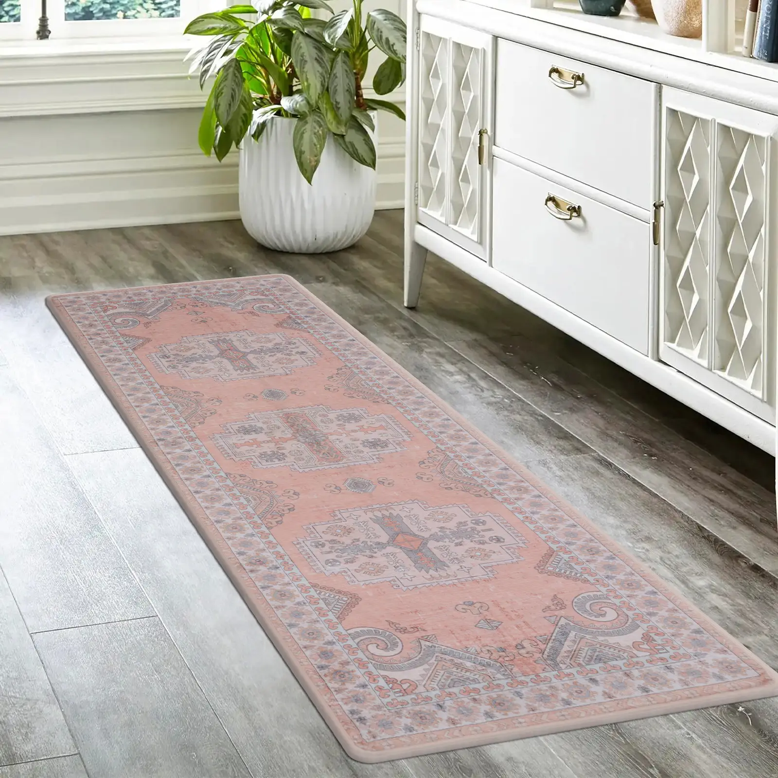 Kitchen Rug Runner for Hallway Washable Entry Rug Pink Stain Resistant Cushioned Anti Fatigue Boho Carpet No Crease Non Slip Laundry Floor Mat with Ru