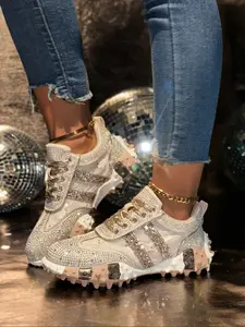 Women's Thick Sole Sport Shoes with Rhinestone Details, Fashion Casual Striped Design, Daily Wear, Perfect Gift Idea, Sneakers for spring, Glitter Design Sneakers