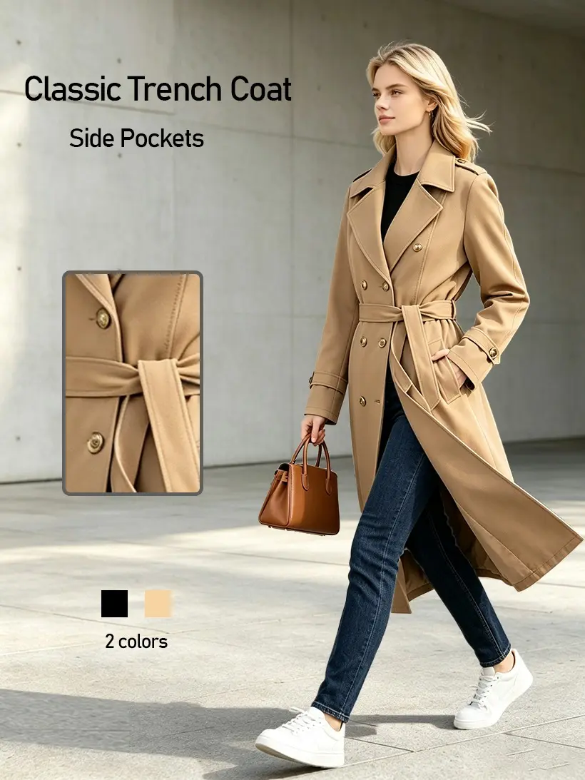 Women's fashion trench coat with notched lapel collar and double-breasted design, featuring tie belt and slant pockets; women's outerwear