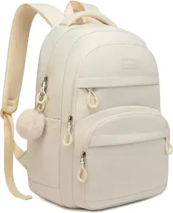 Girls Backpack School Bag, Solid Backpack for Middle High School 15.6in Laptop Backpack with USB Charging Hole for Women, Aesthetic College Bookbag for Teens, Beige