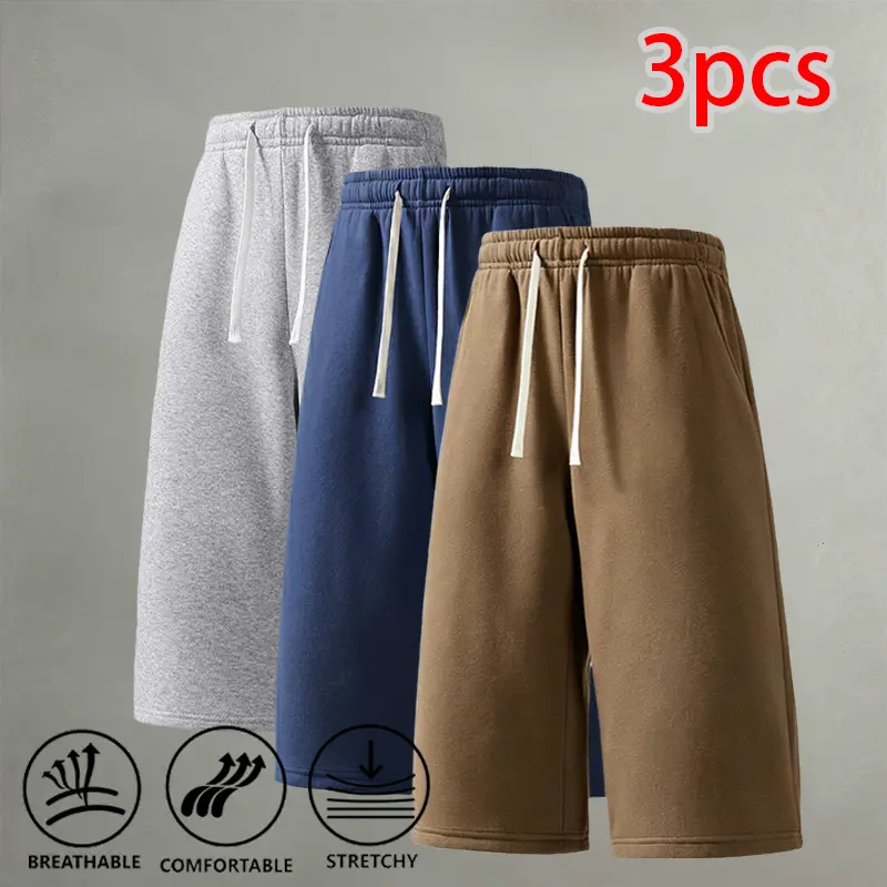 3pcs Street Style Men Wide Leg Baggy Knee Shorts – Soft, Breathable, Stretch, Drawstring; Casual Gym, Jogging, Everyday Wear Sweat Shorts