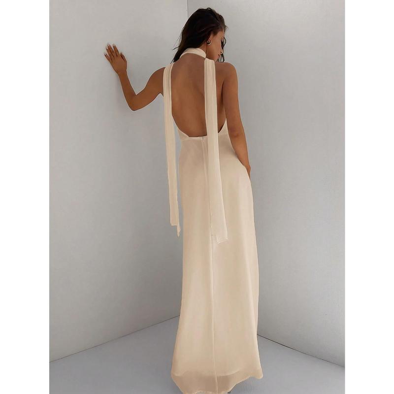 SHEIN x Lore Improta Aloruh Women's Deep V Neck Backless  Flowy Chiffon Dress For Wedding Party, Spring Summer