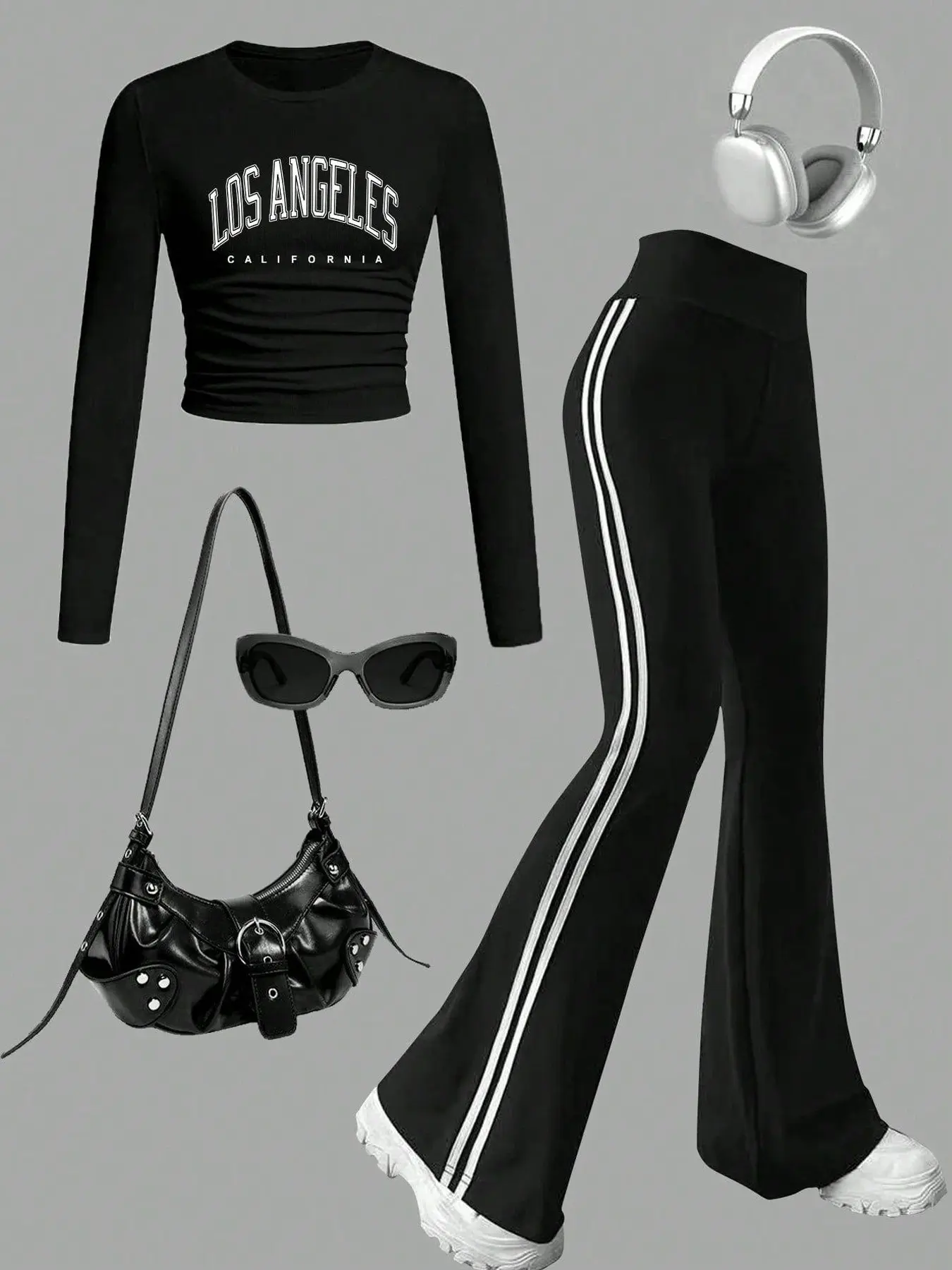 Trendy Retro La 2-Piece Set, Ruched Crop Top & Double Stripe Flare Pants, Y2K Aesthetic Fashion, Casual Slim-Fitting Suit
