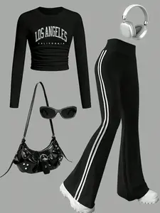 Trendy Retro La 2-Piece Set, Ruched Crop Top & Double Stripe Flare Pants, Y2K Aesthetic Fashion, Casual Slim-Fitting Suit