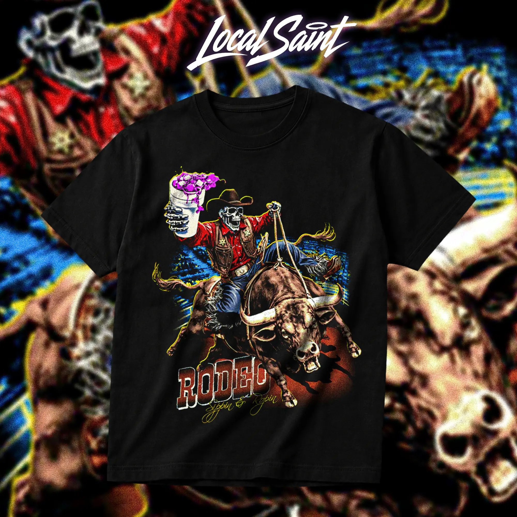 LOCALSAINT Sippin Rodeo Houston TX Heavy Cotton Unisex Graphic T-Shirt Hoodie Houston Texas Skull Cowboy Lowrider 713 Crewneck Tee, Vintage Streetwear Graphic T-Shirt Direct To Garment Breathable Print