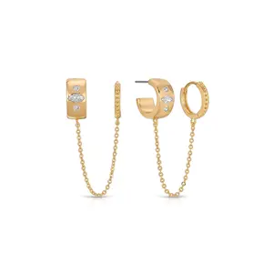 Ettika Double Piercing Bezel Crystal Dangle Earrings 18k Gold Plated CZ Fashion Jewelry for Women