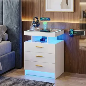 Modern Auto Induction LED Nightstand White Tempered Glass Top 3 Drawers Charging Station USB Port High Gloss Bedside End Side Table for Bedroom Home