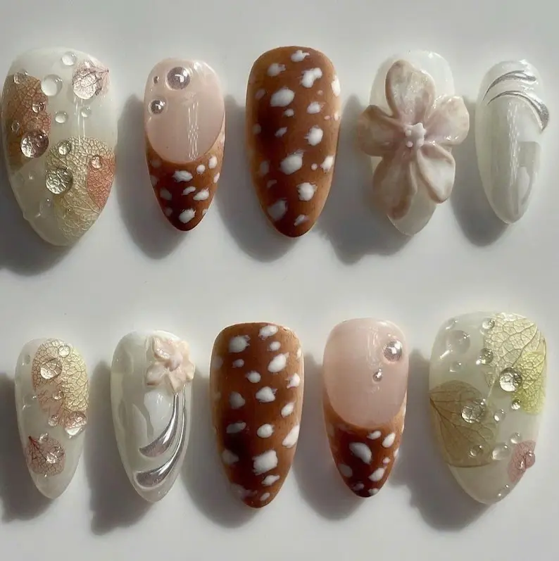 Woodland Deer Press On Nails, Nature Fake Nails with Spots, Neutral Forest Nails, Handmade Earthy Long Nails