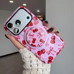 Woner For iPhone 17 16 15 14 13 Pro Max Phone Case Cherry & Bow Print [Applicable To Magsafe] With Phone Holder Phone Stand Pink 16 Plus Case protective