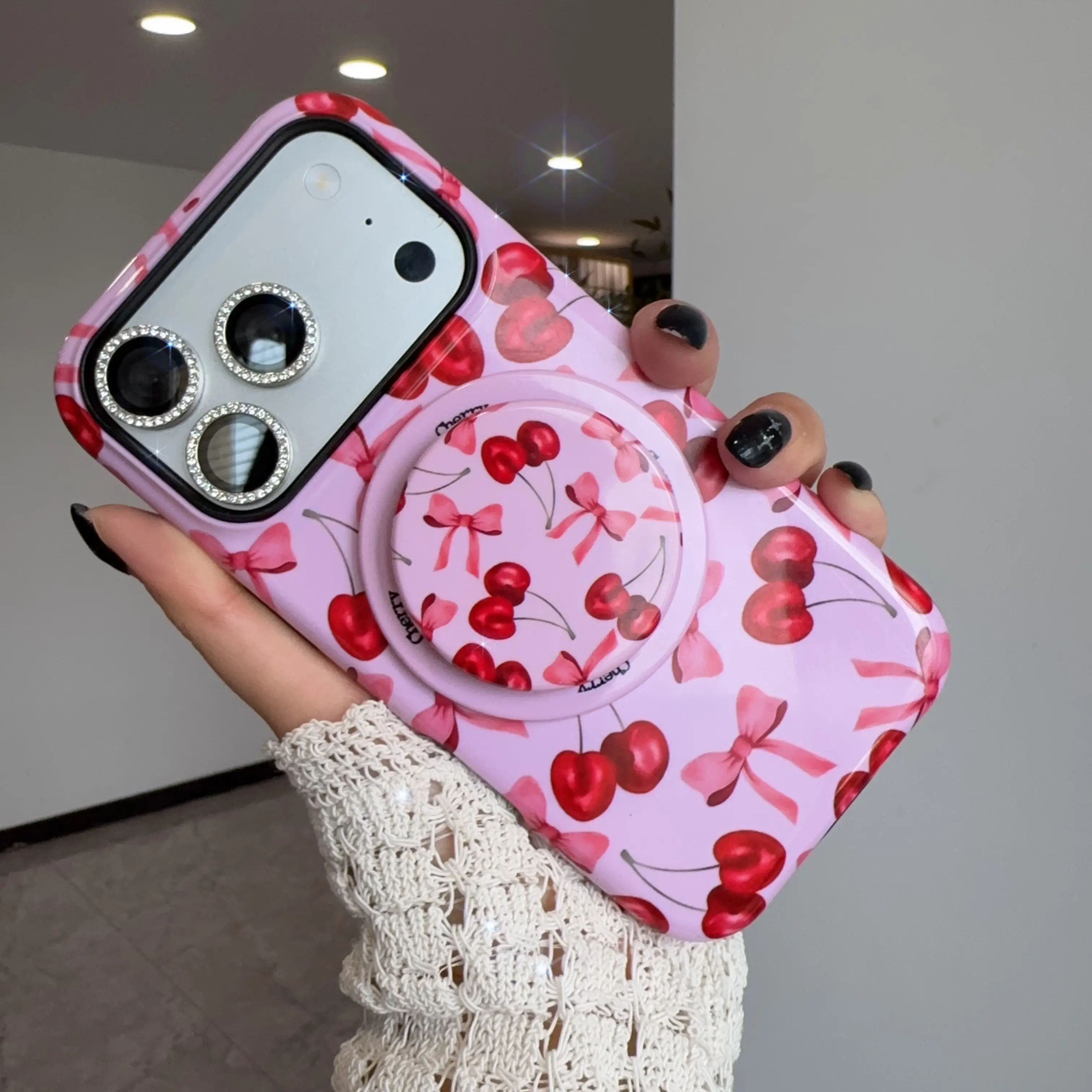 Woner For iPhone 17 16 15 14 13 Pro Max Phone Case Cherry & Bow Print [Applicable To Magsafe] With Phone Holder Phone Stand Pink 16 Plus Case protective