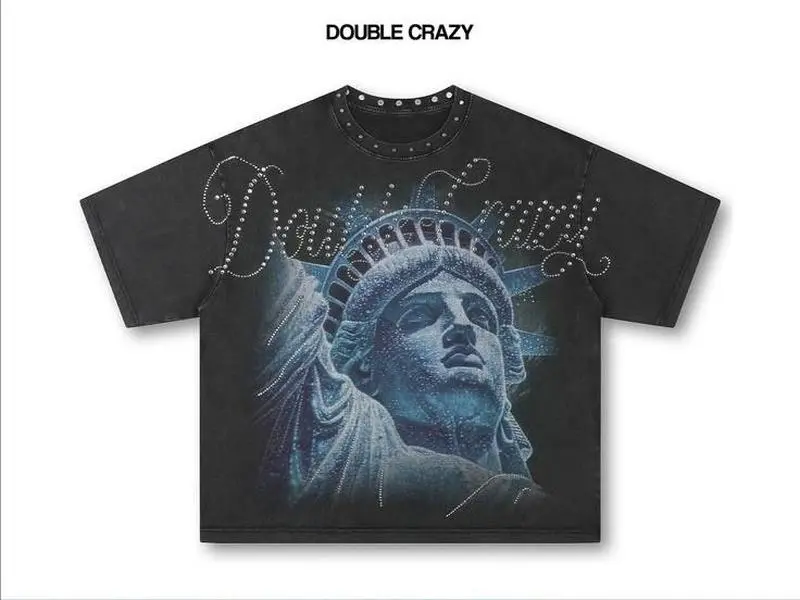 Y2K Grunge Streetwear Washed Graphic Tee, Rhinestone Statue of Liberty Oversized T-Shirt, Soft Breathable Premium Cotton, Fade-Proof Vintage Aesthetic Bling Top