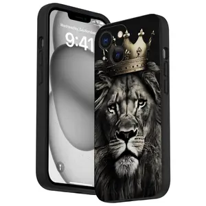 Cool Crown Lion Pattern Straight Edge Phone Case for iPhone 16 15 14 Pro Max 13 12 11 XR XS Plus Shockproof Full Camera Protection Durable slim Silicone Cover