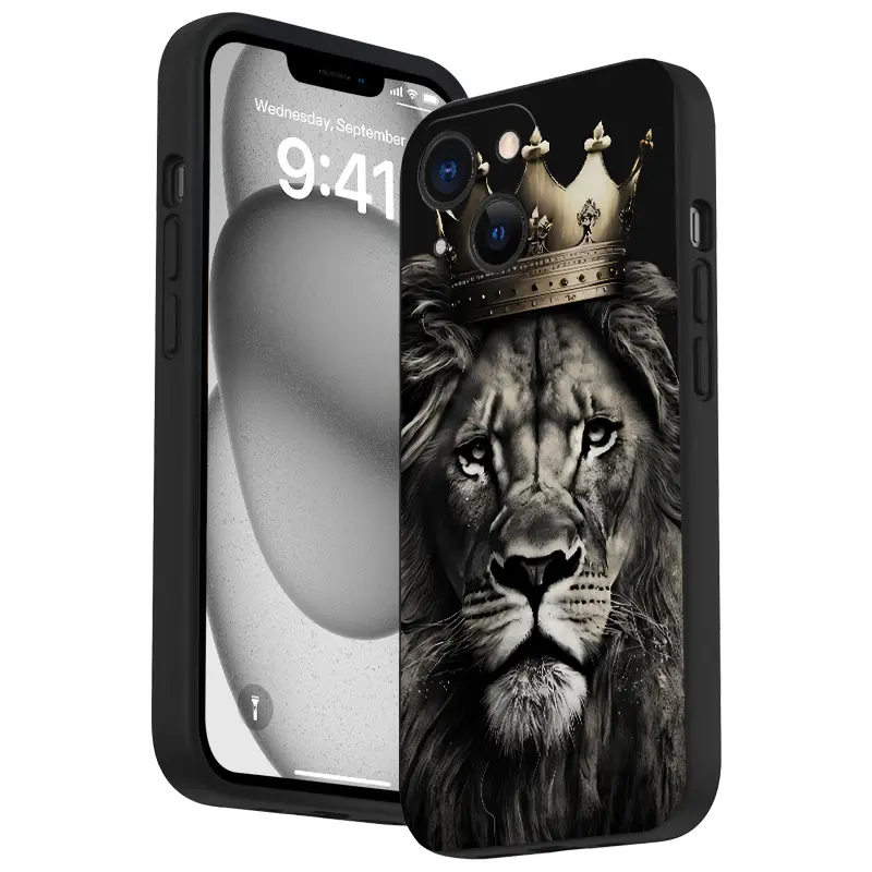 Cool Crown Lion Pattern Straight Edge Phone Case for iPhone 16 15 14 Pro Max 13 12 11 XR XS Plus Shockproof Full Camera Protection Durable slim Silicone Cover