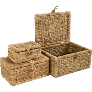 Wicker Storage Basket with Lid Set of 3 – Decorative Seagrass Boxes for Organizing Toys, Clothes & Essentials – Handwoven Natural Storage Bins for Home Decor