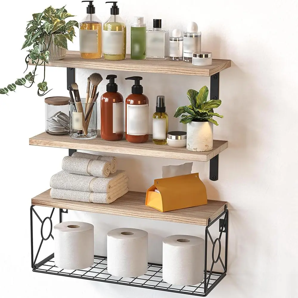 Wall Mounted Wooden Storage Rack, 1 Count 4 Layers Easy To Install Wall Mounted Shelves with Basket, Multifunctional Rack for Bathroom  Kitchen  Living Room Bookshelf Storage