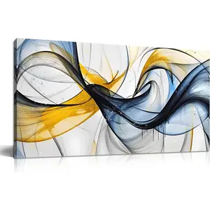 Abstract Office Artwork Wall Decor Blue Canvas Art for Living Room Modern Wall Art for Bedroom Size 32" x 16" Black White