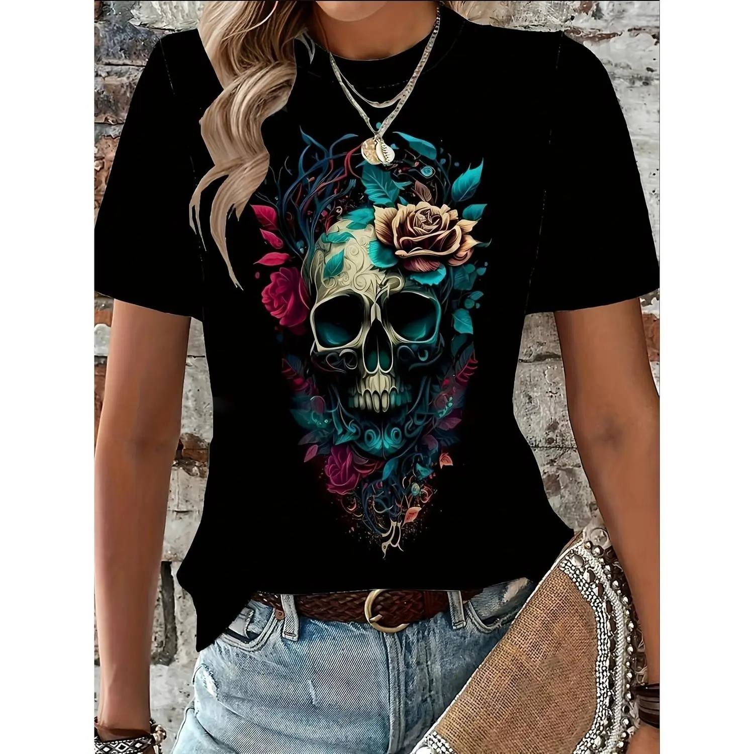 Women's Casual Crew Neck T-Shirt with Floral Skull Print,