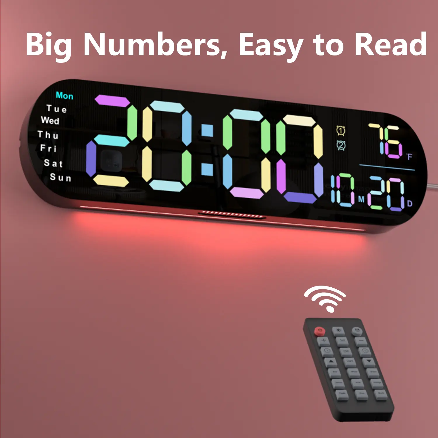 Sailstar 13.7in Large Plastic Digital Wall Clock - Creative Decorative, Multifunctional Alarm, USB Powered with Remote, Time, Date, Temp, Week, Countdown, 12/24H, Adjustable Brightness, RGB Night Light for Living Room, Creative Decorative Clock
