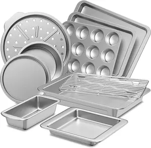 Bakeware Sets - 10-Piece Nonstick Oven Pan Set with Wider Grips, Cookie Sheet, Cake Pans & Loaf Pan - Includes Rack